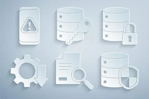 Set Document with search, Server security lock, Cost reduction, shield, key and Illustrazione stock