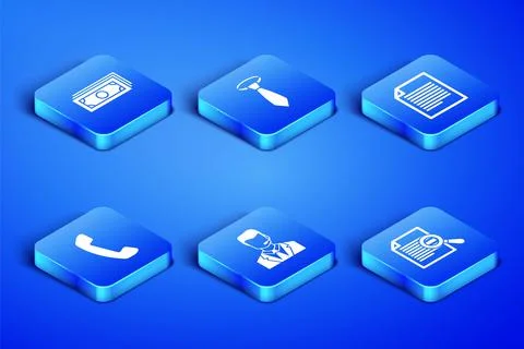 Set Document with search, Stacks paper money cash, Man headset, Telephone Stock Illustration