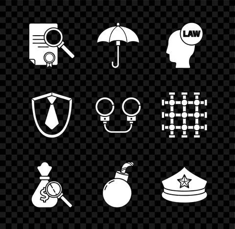Set Document with search, Umbrella, Head law, Money bag and magnifying glass Stock Illustration