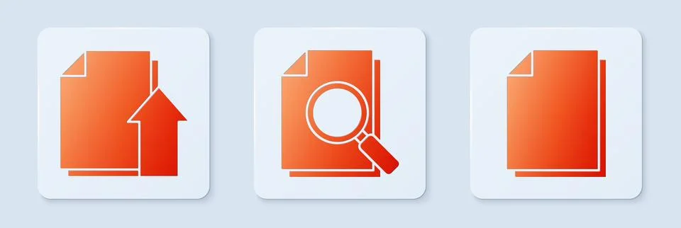 Set Document with search, Upload file document and Document. White square b.. Illustrazione stock
