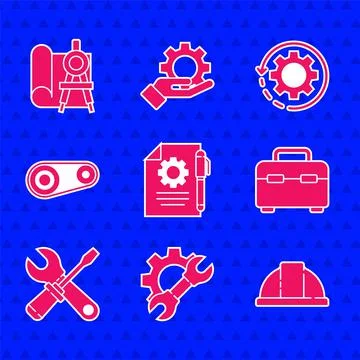 Set Document settings and pen, Wrench spanner gear, Worker safety helmet Illustrazione stock