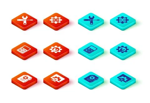 Set Document settings and pen, Computer monitor gear, Calculator, Wrench spanner Stock Illustration