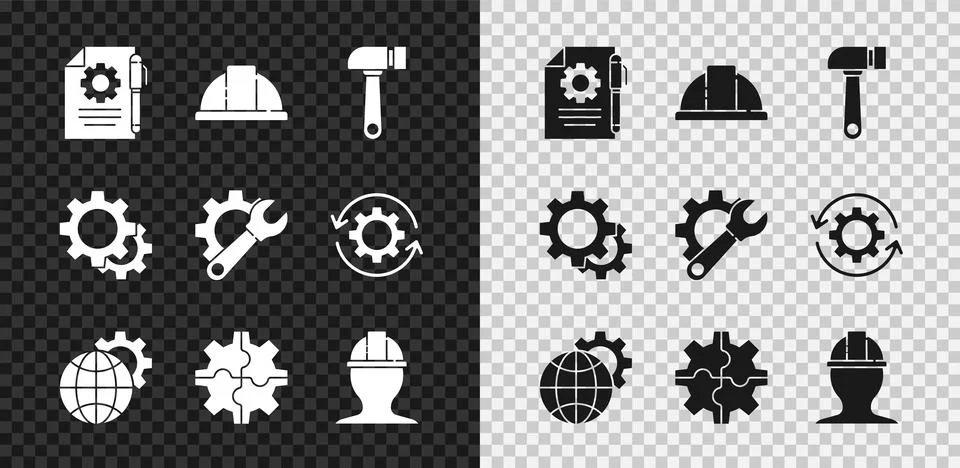 Set Document settings and pen, Worker safety helmet, Hammer, Globe of the Earth Illustrazione stock