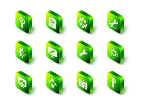 Set Document settings and pen, Processor, Wrench arrows as workflow, Gear Stock Illustration