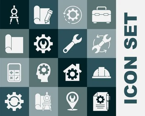 Set Document settings and pen, Worker safety helmet, Wrench arrows as workflow Illustrazione stock