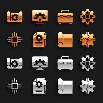 Set Document settings and pen, Processor, Gear, Graphing paper for engineering Stock Illustration