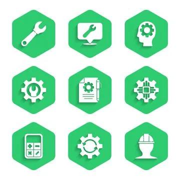 Set Document settings and pen, Gear arrows as workflow, Worker safety helmet Illustrazione stock