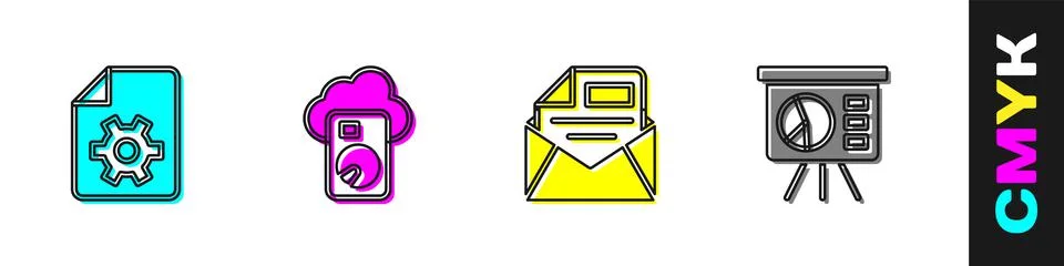 Set Document settings, Cloud database, Mail and e-mail and Board with graph icon Stock Illustration