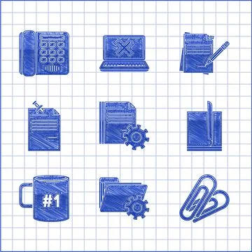 Set Document settings with gears, Folder, Paper clip, File document, Coffee cup Stock Illustration