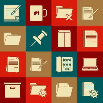 Set Document settings with gears, Laptop, File document, Delete folder, Push pin Stock Illustration
