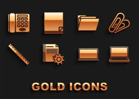 Set Document settings with gears, Paper clip, Laptop, Ruler, folder, Telephone Stock Illustration