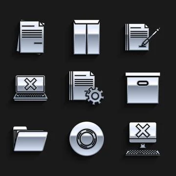 Set Document settings with gears, Scotch, Computer keyboard and x mark, Carton Stock Illustration