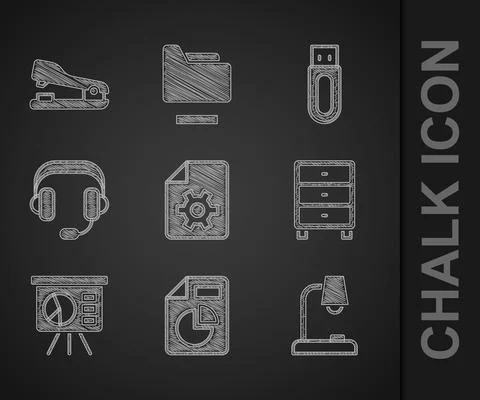 Set Document settings, with graph chart, Table lamp, Archive papers drawer イラスト素材