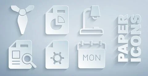 Set Document settings, Table lamp, with graph chart, Calendar,  and Tie icon. Stock Illustration