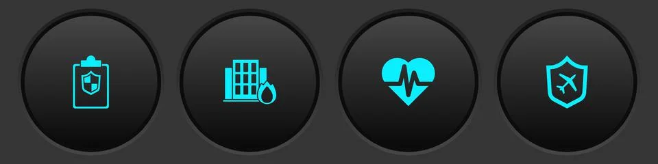 Set Document with shield, Fire in burning house, Health insurance and Plane icon Stock Illustration