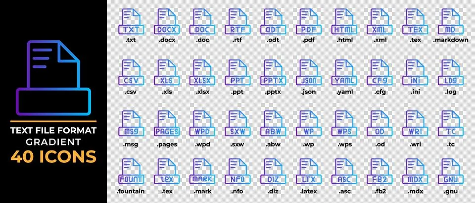 Set document text file gradient icon. txt, ppt, pdf, doc, csv, type file ic.. Stock Illustration