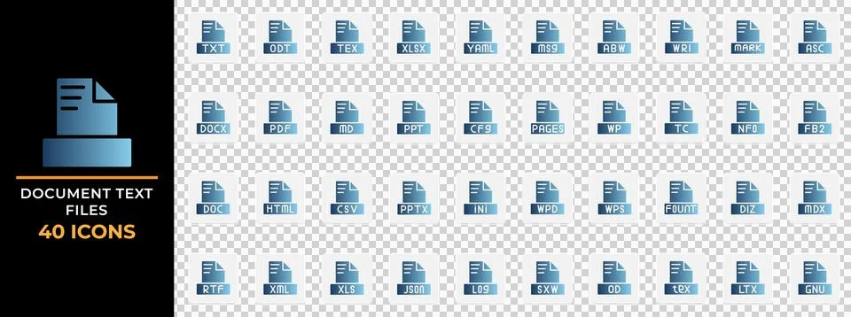 Set document text file gradient fill icons. File type, Extension format  Stock Illustration