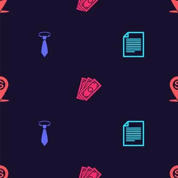Set Document, Tie, Stacks paper money cash and Cash location pin on seamless Stock Illustration