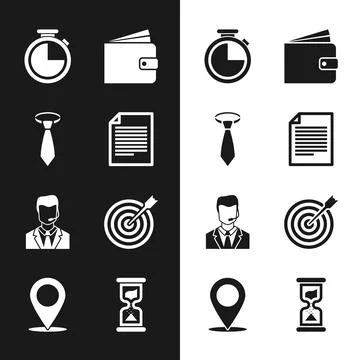 Set Document, Tie, Stopwatch, Wallet, Man with headset and Target arrow ico.. Stock Illustration