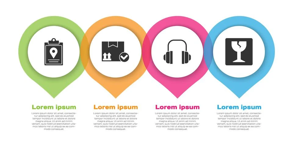 Set Document tracking marker system, Package box with check mark, Headphones and Illustrazione stock