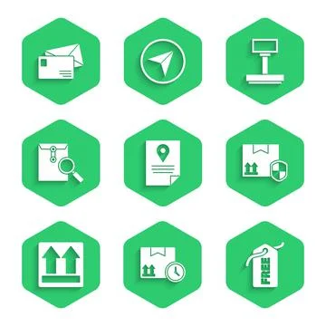 Set Document tracking marker system, Cardboard box and fast time, Price tag with Illustrazione stock