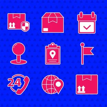 Set Document tracking marker system, Location on the globe, Cardboard box with Stock Illustration
