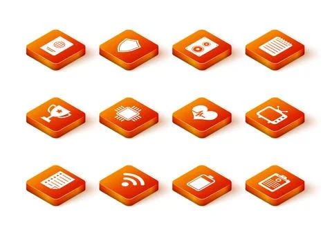 Set Document, Wi-Fi wireless network, Trophy cup, Processor with CPU, Battery Ilustración de archivo