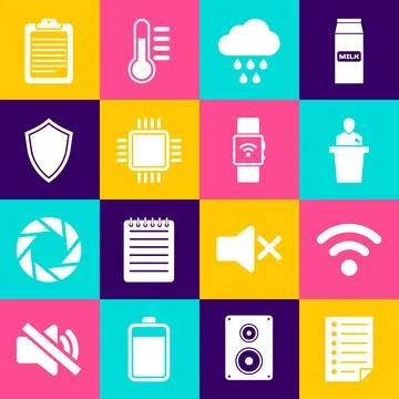 Set Document, Wi-Fi wireless network, Speaker, Cloud with rain, Processor C.. Stock Illustration