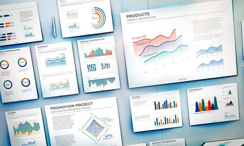 Set of documents with business infographics on the table. Stock Illustration
