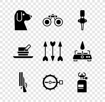 Set Dog, Binoculars, Torch flame, Shotgun, Trap hunting, Camping gas stove,.. Stock Illustration