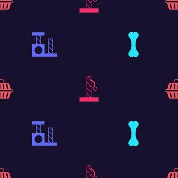 Set Dog bone, Cat scratching post,  and Pet carry case on seamless pattern. V Illustrazione stock