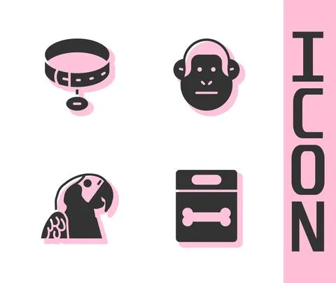 Set Dog bone, Collar with name tag, Macaw parrot and Monkey icon. Vector Stock Illustration