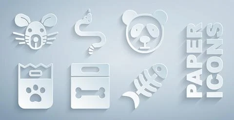 Set Dog bone, Cute panda face, Bag of food, Fish skeleton, Snake and Rat he.. Stock Illustration