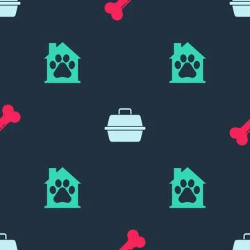 Set Dog bone, Pet carry case and house on seamless pattern. Vector Stock Illustration