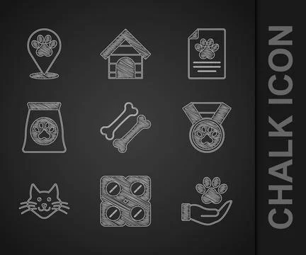 Set Dog bone, pill, Hands with animals footprint, Pet award symbol, Cat, Ba.. Stock Illustration