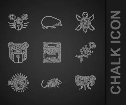 Set Dog bone Rat Elephant Fish skeleton Puffer fish Bear head Turtle and icon Stock Illustration