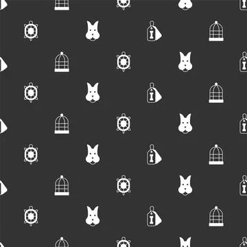 Set Dog collar with bone, Cage for birds, Turtle and on seamless pattern. Vector Stock Illustration