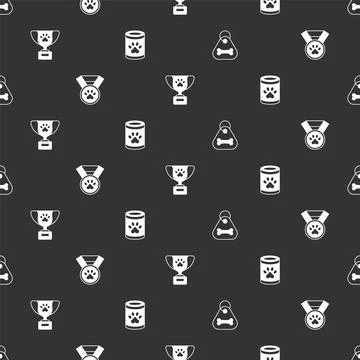 Set Dog collar with bone, Pet award symbol, and Canned food on seamless pattern Illustrazione stock