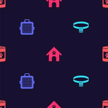 Set Dog collar, Pet carry case, house and paw print pet and Canned food on se Illustration