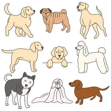 Set dog colored doodle style Stock Illustration