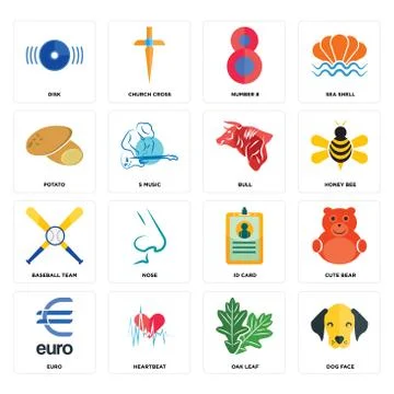 Set of dog face, oak leaf, euro, id card, baseball team, bull, potato, number Free Stock Illustration