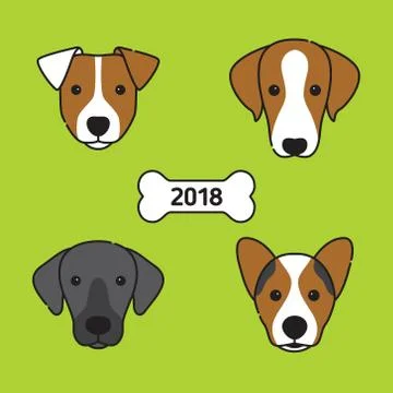 Set of dog faces with bone. Symbol of 2018 year Stockillustratie