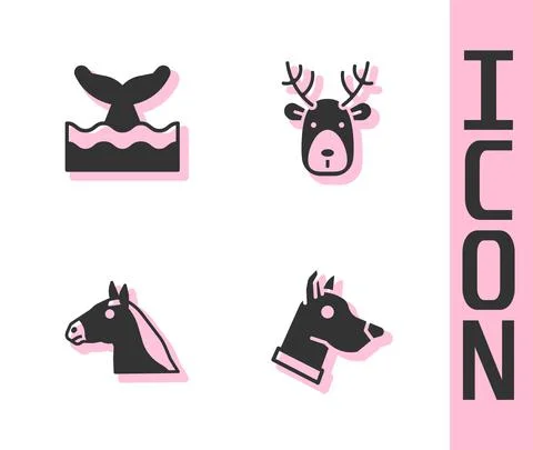 Set Dog head, Whale tail in ocean wave, Horse and Deer with antlers icon. Vector Illustration