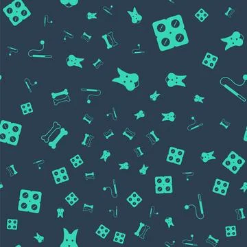Set Dog, pill, bone and Pet cat toy on seamless pattern. Vector Illustrazione stock
