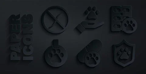 Set Dog pill, Collar with name tag, Animal health insurance, Hands animals イラスト素材