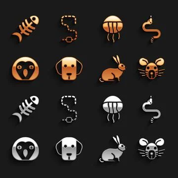 Set Dog, Snake, Rat head, Rabbit, Owl bird, Jellyfish, Fish skeleton and Worm Stock Illustration