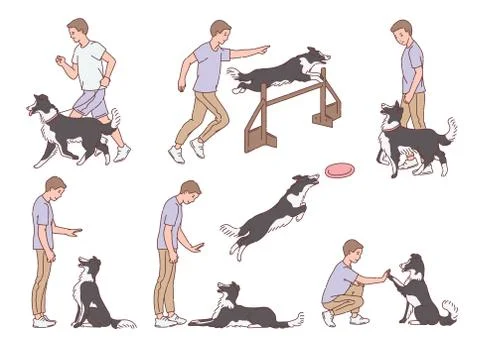 Set of dog training for obedience, scenes sketch vector illustration isolated. Stock Illustration