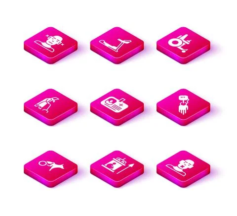 Set Dog in wheelchair, Elevator for disabled, Grandmother, Identification badge Illustrazione stock