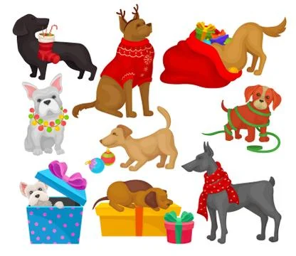 Set of dogs with Christmas objects. Home pets. Flat vector elements for greeting Stock Illustration