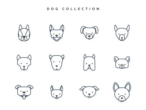Set dogs in linear style. 12 face breeds puppy. Vector Illustration Stock Illustration